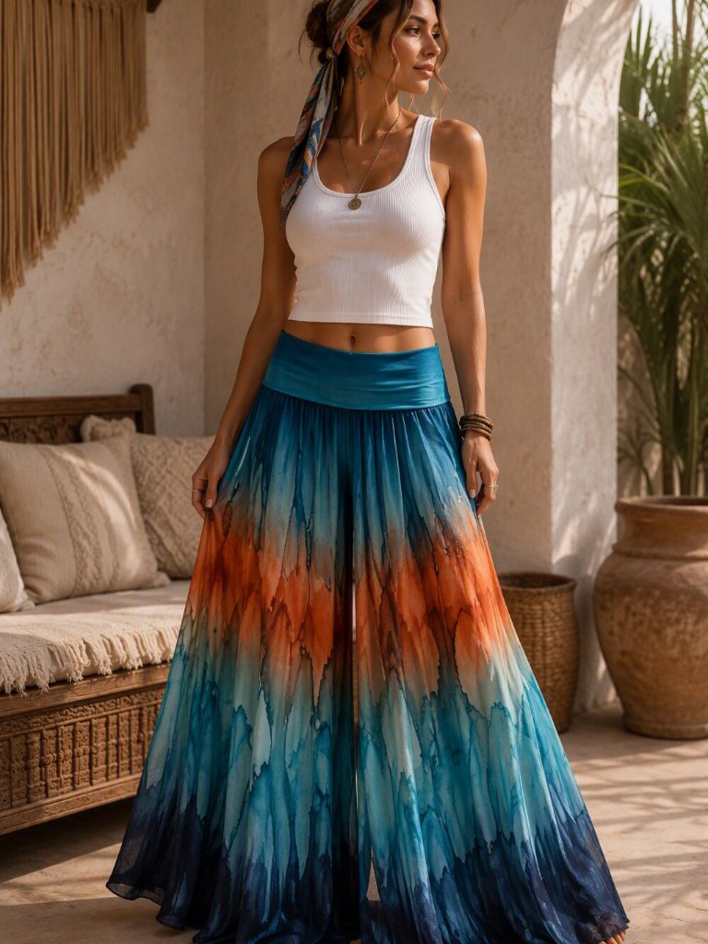 559 - Seasons Boho Maxi Palazzo Pants Fold Over Waist Ethereal Statement Piece